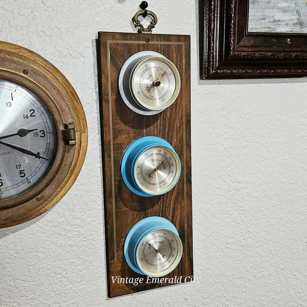 Vtg Wall Weather Station Wood Panel Barometer Thermometer Hygrometer In/outdoor